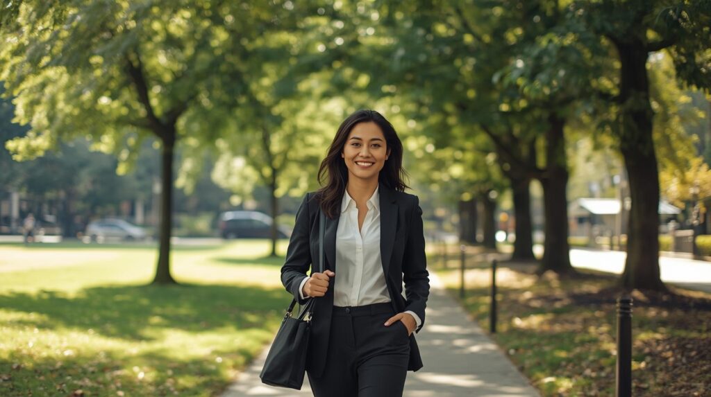 A woman in professional attire enjoying a peaceful walk in the park during a work break.