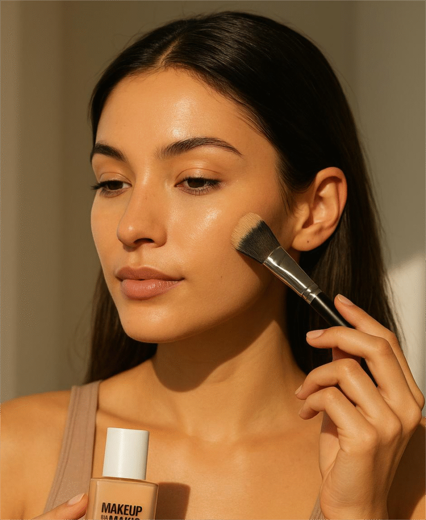 Close-up of a woman applying Makeup by Mario SurrealSkin Foundation with a brush, showing flawless glowing skin in natural sunlight.