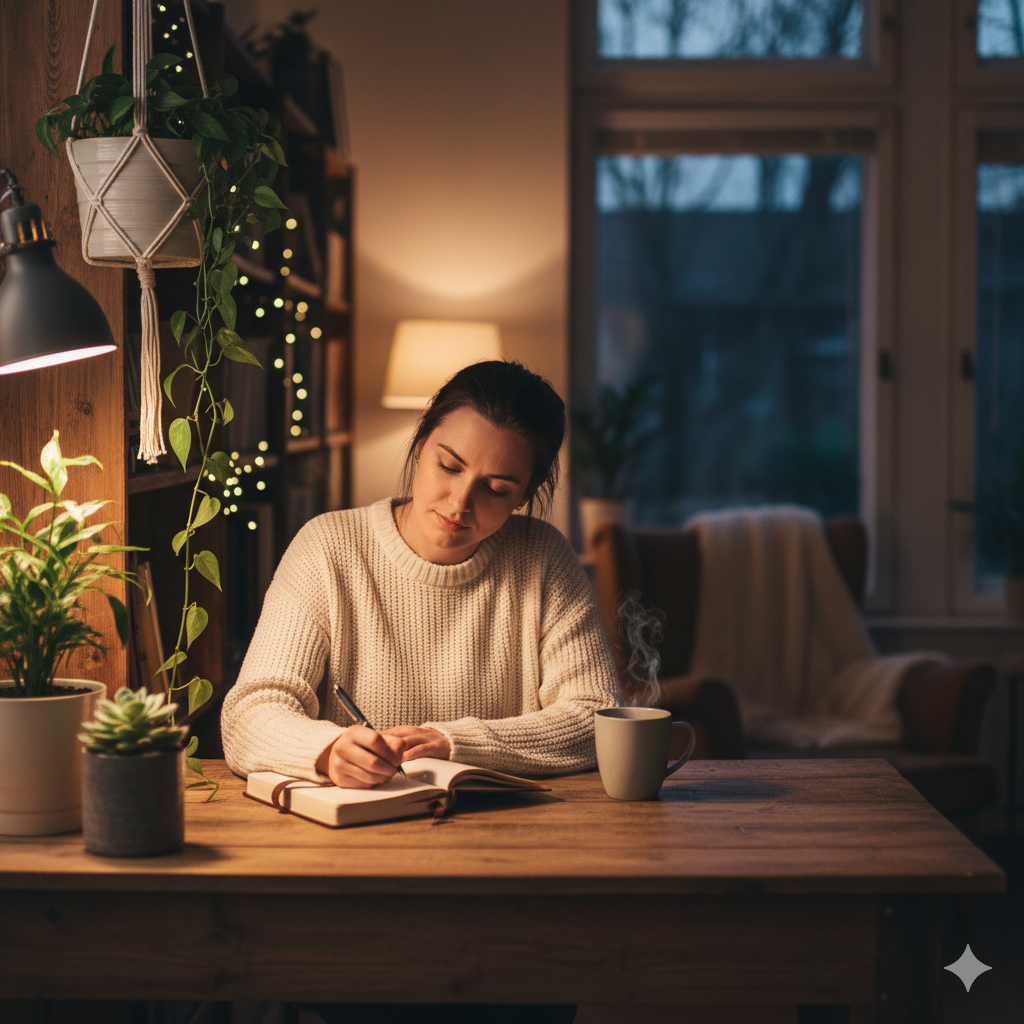 A thoughtful woman journaling in a cozy workspace with plants and warm light.