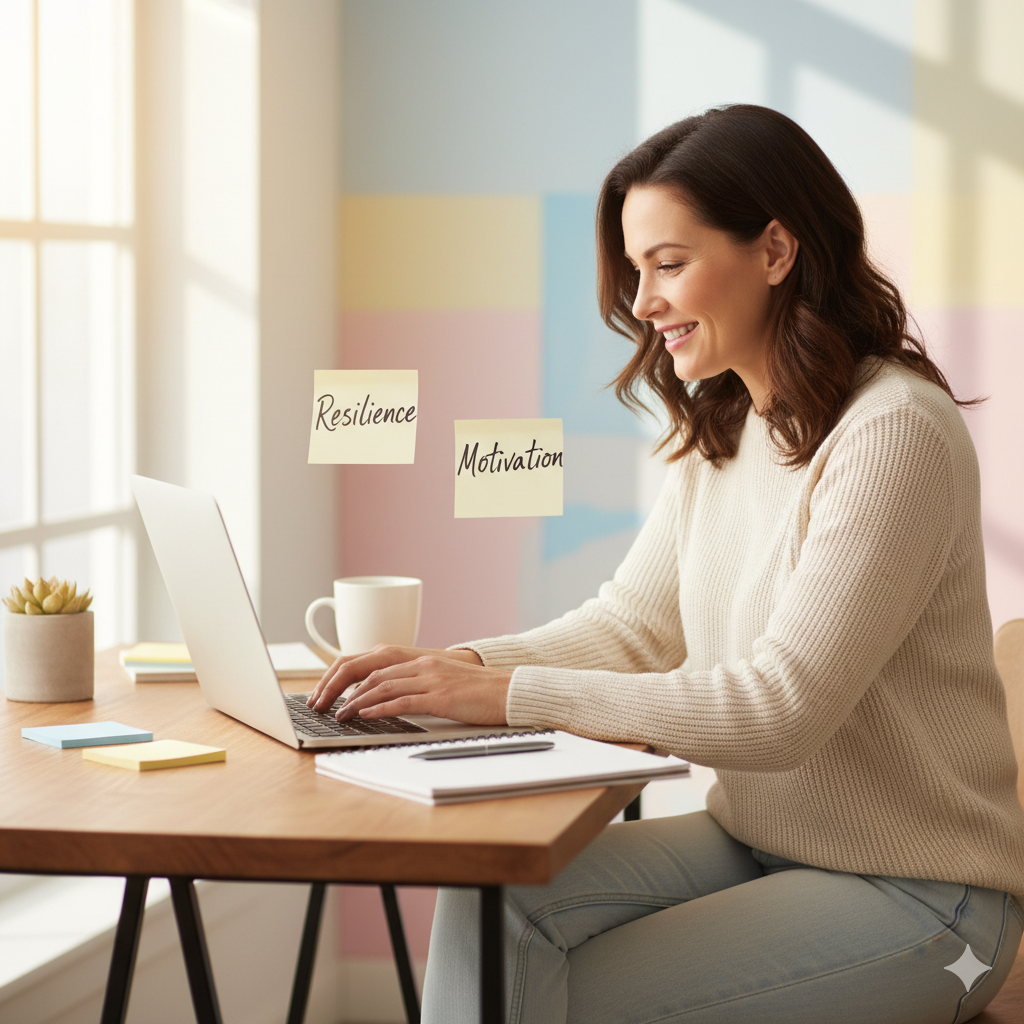 A confident professional woman in her 30s working on a laptop in a bright, inspiring workspace.