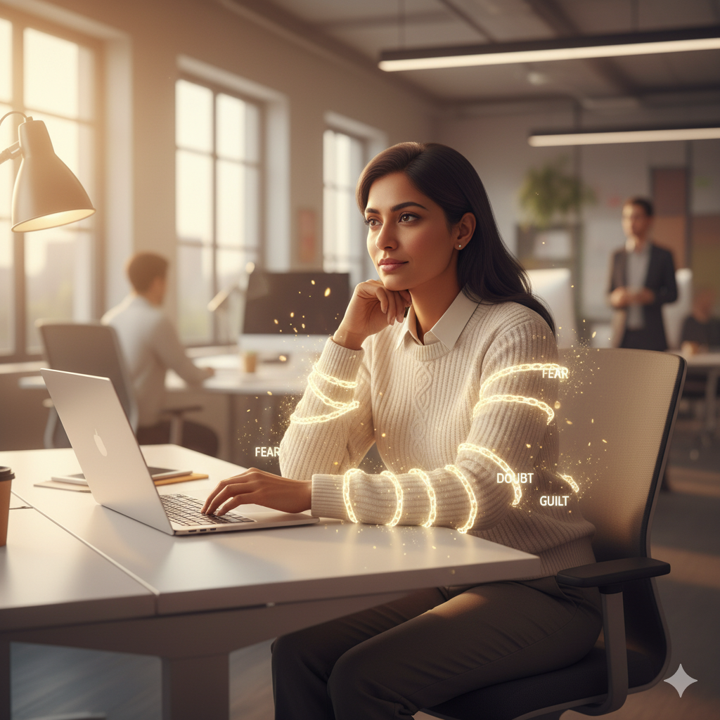 Indian woman at work desk symbolizing how limiting beliefs like fear and doubt hold women back.