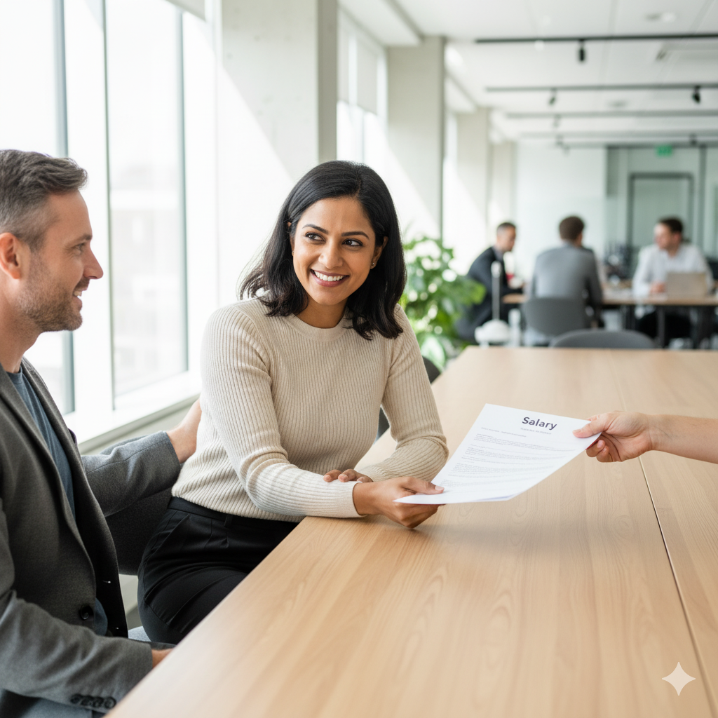 Indian woman confidently negotiating salary at work, overcoming limiting belief about self-worth.