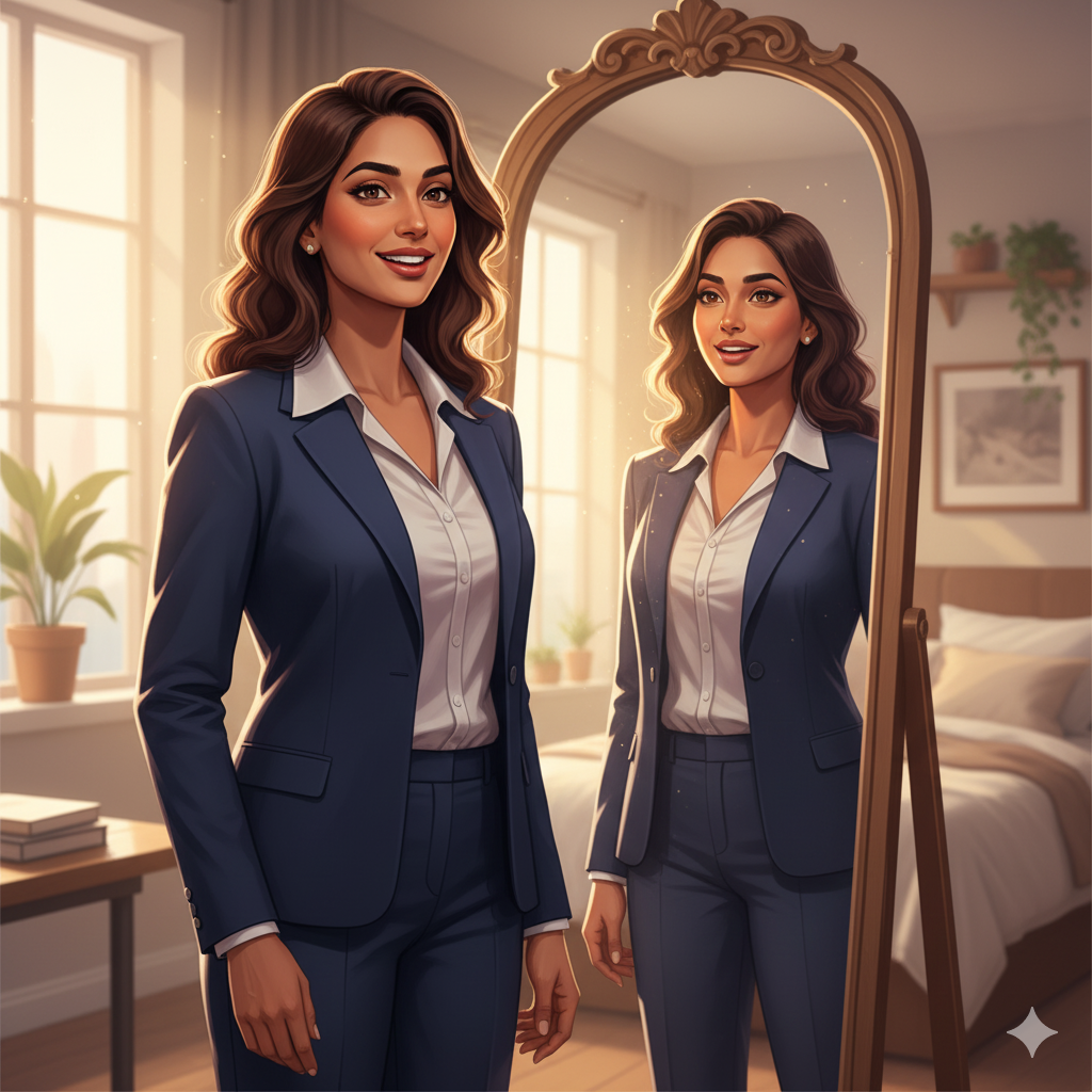 Working woman doing mirror challenge exercise to overcome self-doubt and build confidence.