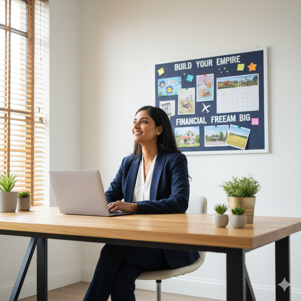 Confident Indian working woman in formal attire using laptop in home office, upgrading skills for freelancing and extra income.