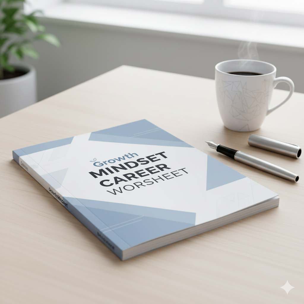 Mockup of a printed career worksheet on a desk with a pen and coffee cup, cover titled “Growth Mindset Career Worksheet.”