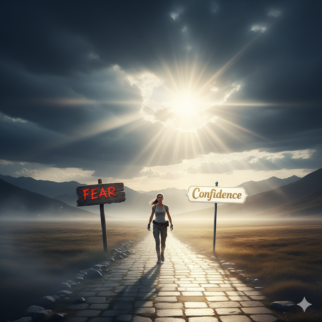 Inspiring illustration of a woman choosing the path of confidence over fear in her career journey.