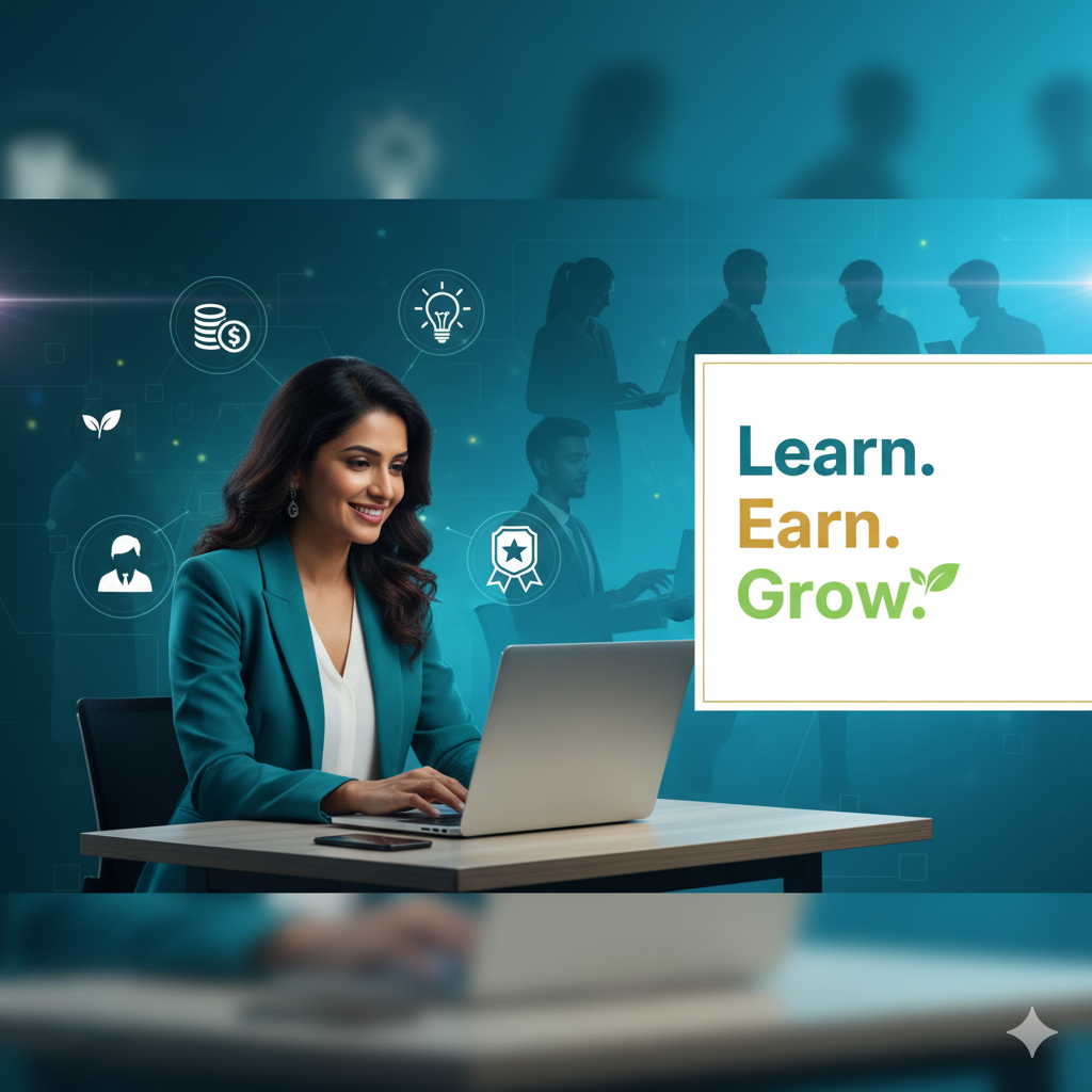 Indian woman learning online with laptop, surrounded by freelancing and income growth icons, symbolizing digital skills and career opportunities.