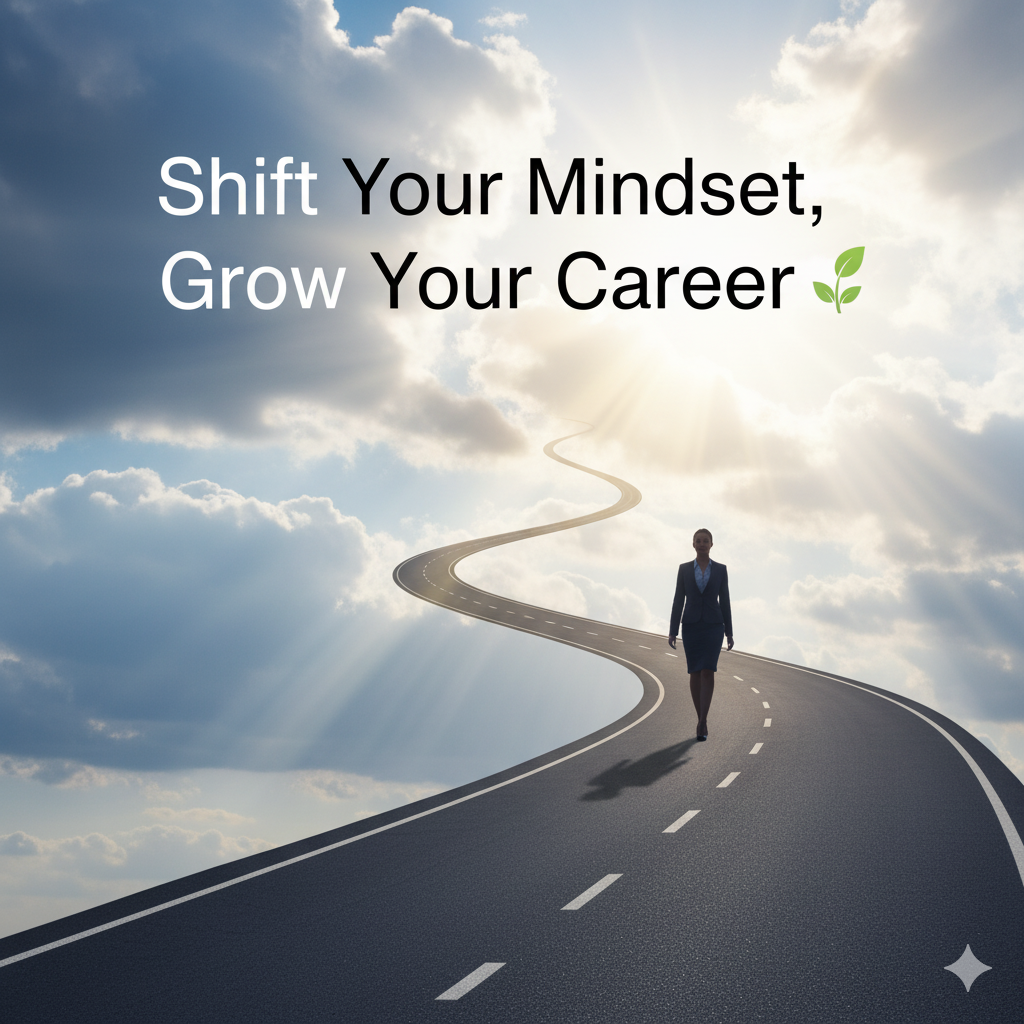 Inspirational graphic showing a professional walking up a road toward sunlight with text “Shift Your Mindset, Grow Your Career.”