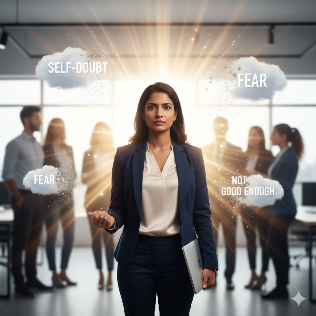Confident Indian working woman breaking free from limiting beliefs in a modern office setting.