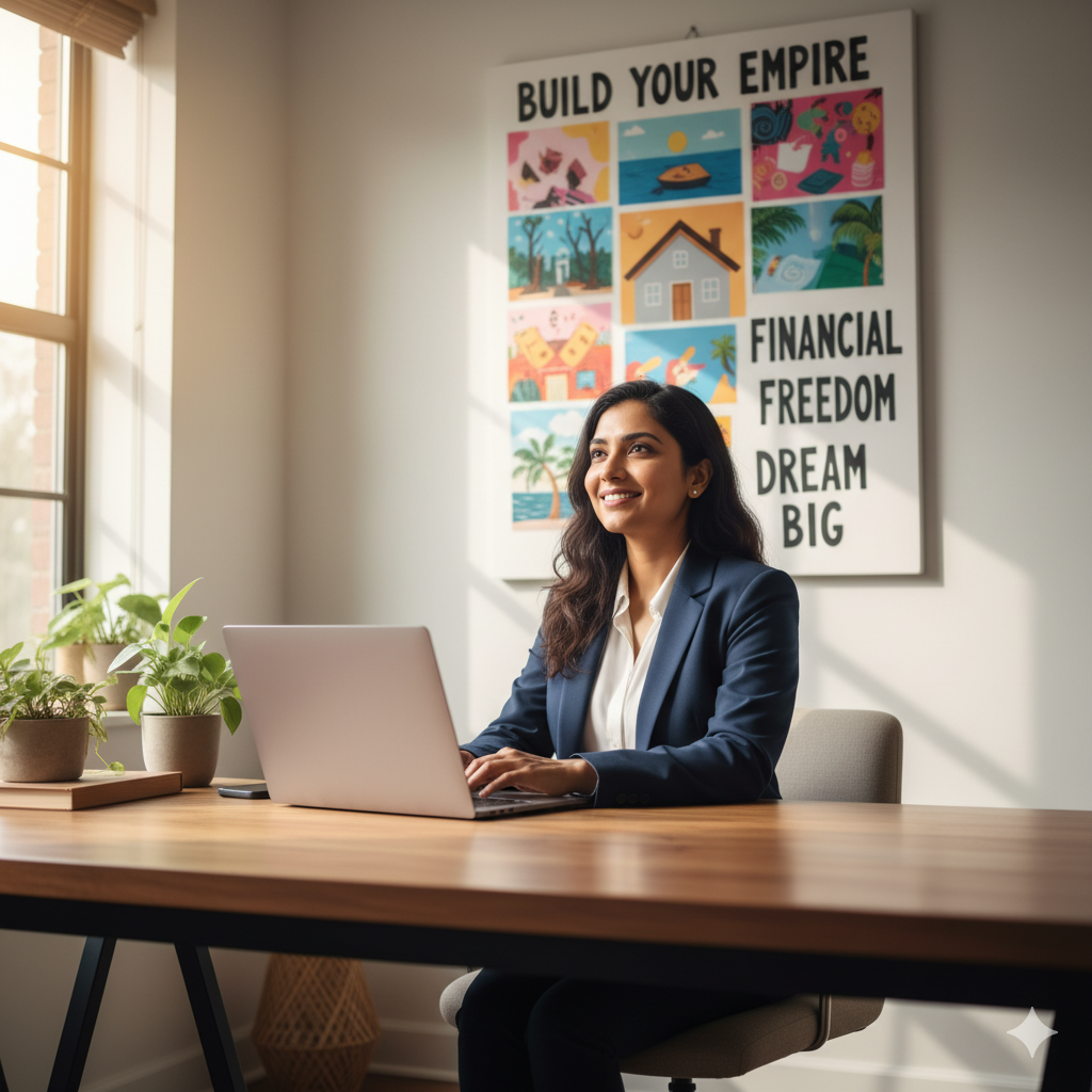 Indian homemaker working on laptop at home while sipping chai, learning freelancing skills to earn income from home.