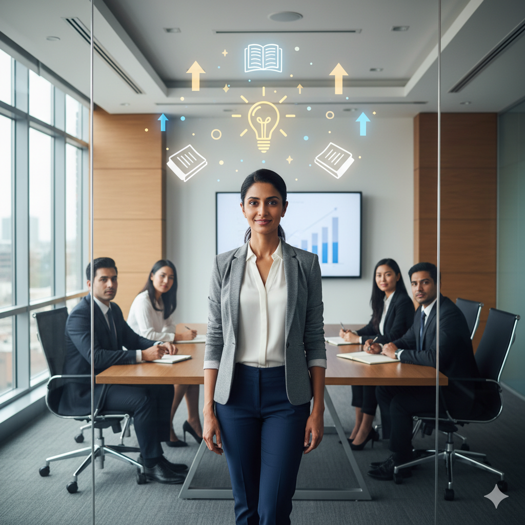 Confident professional woman presenting in a meeting, symbolizing career growth and a positive mindset.