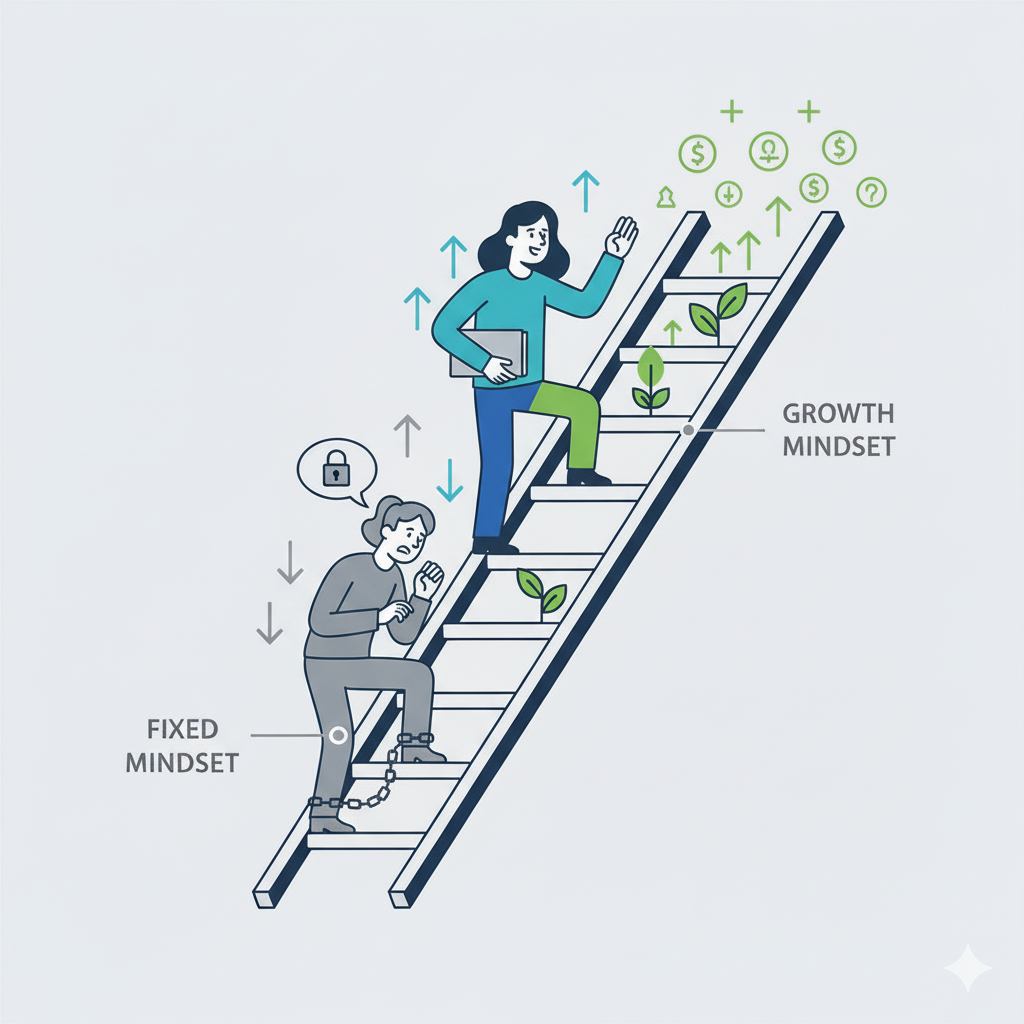 Illustration of two employees climbing a corporate ladder—one stuck with fear, the other moving upward with confidence.
