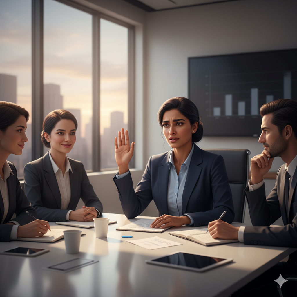Professional woman overcoming fear and confidently speaking up in a meeting.