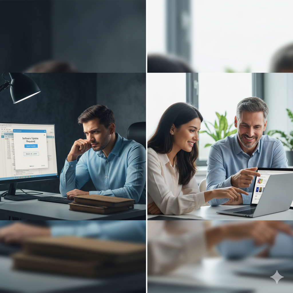 Workplace comparison showing one employee avoiding software updates while another learns actively and advances.