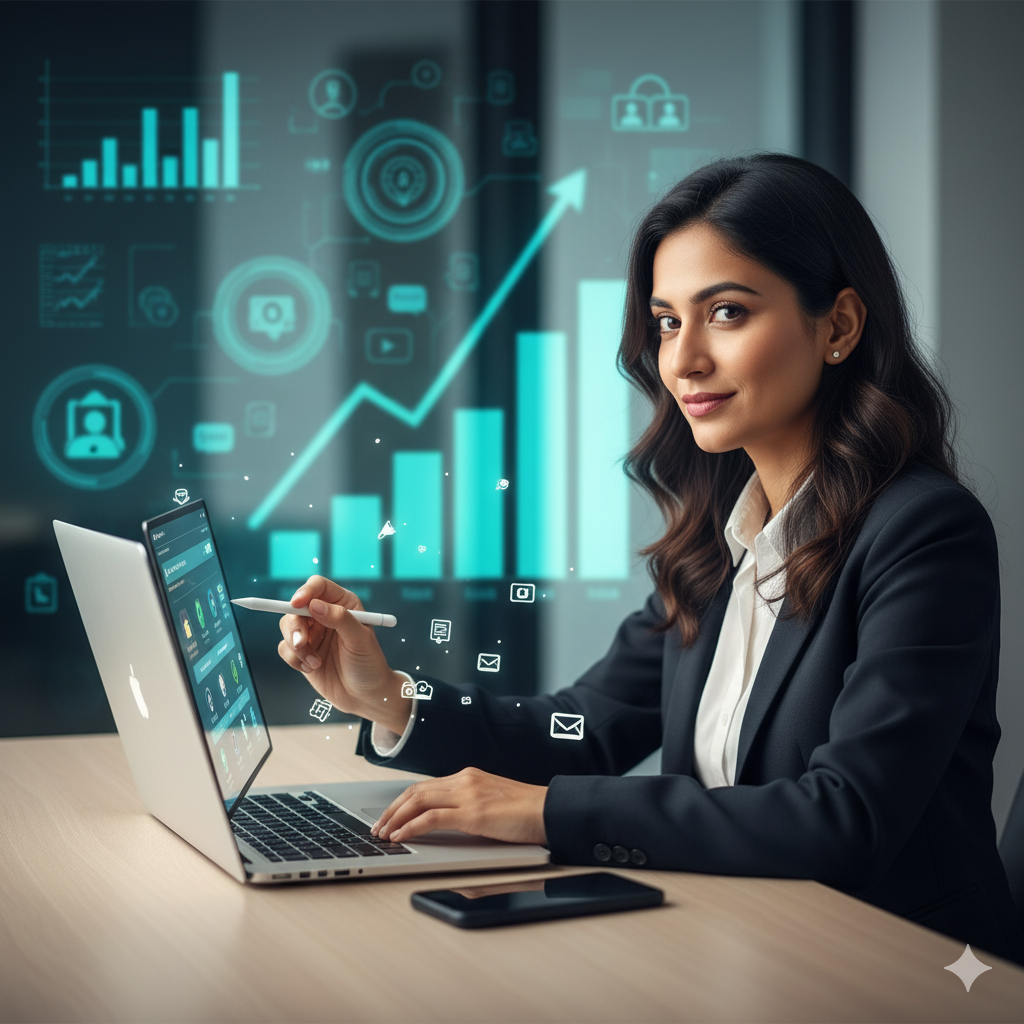 Indian business owner with laptop and smartphone, planning digital marketing strategy with growth charts in background.