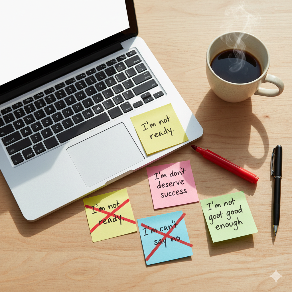 Sticky notes showing common limiting beliefs working women face, crossed out to symbolize overcoming them.