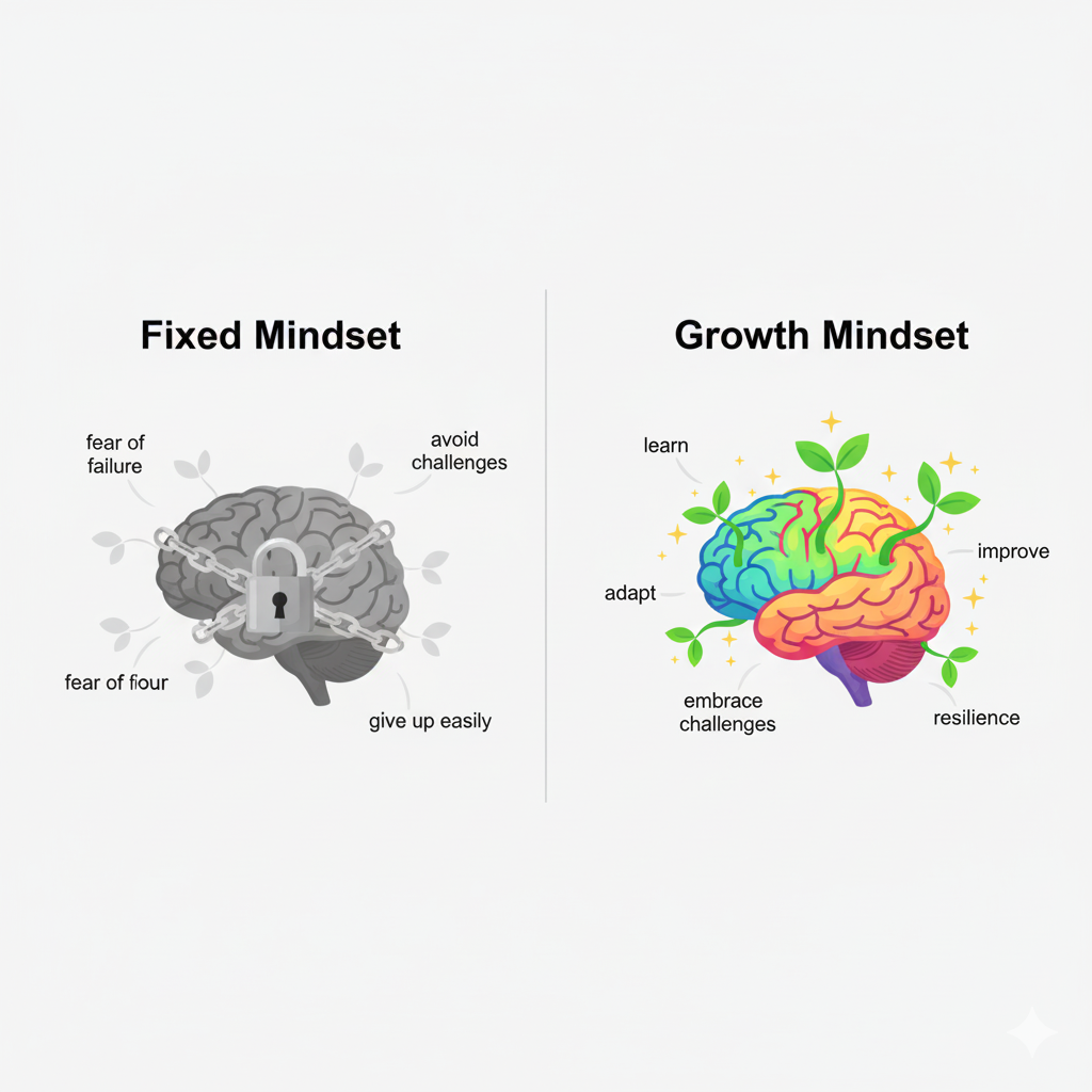 Infographic comparing fixed mindset with a locked brain and growth mindset with a glowing brain and sprouting leaves.