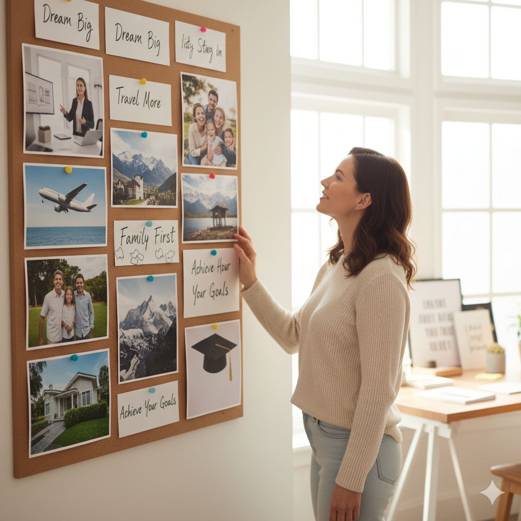 A woman looking at a vision board filled with career, family, and life goals.