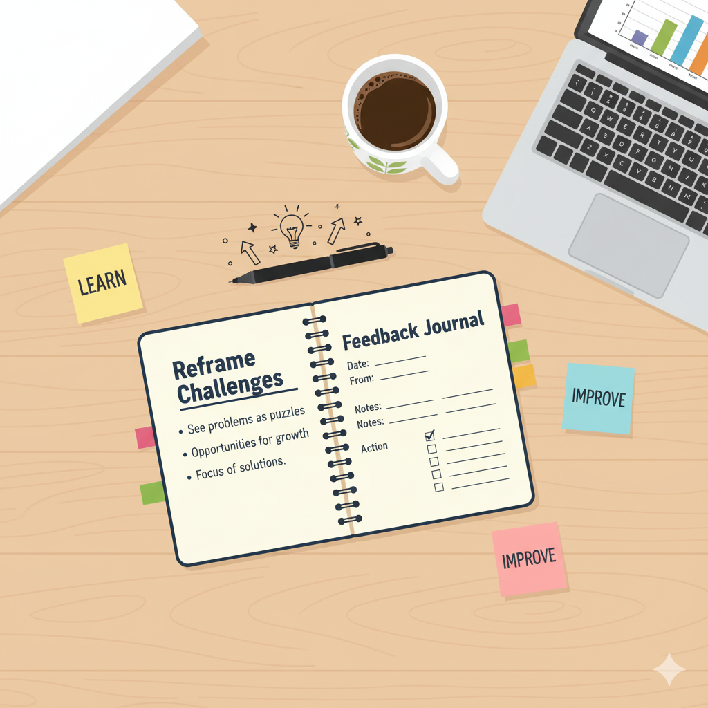 Flat-lay of a desk with notebook exercises, sticky notes, laptop, and coffee cup for self-reflection activities.