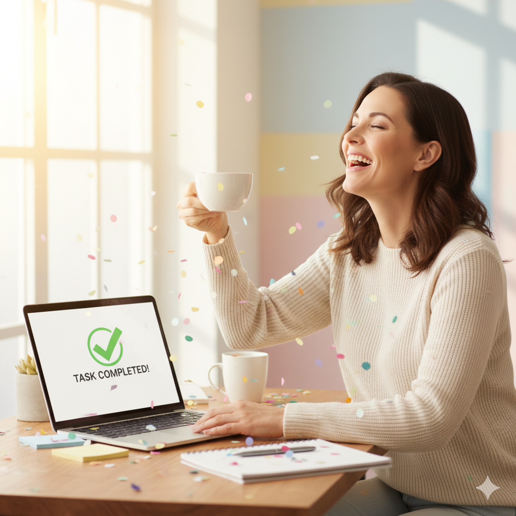 A smiling working woman celebrating a completed task on her laptop with coffee in hand.