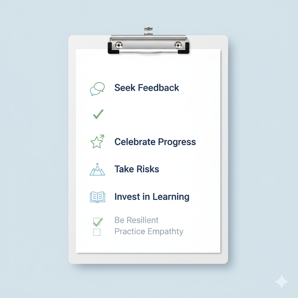 Clean checklist graphic with career tips such as seeking feedback, celebrating progress, and investing in learning.