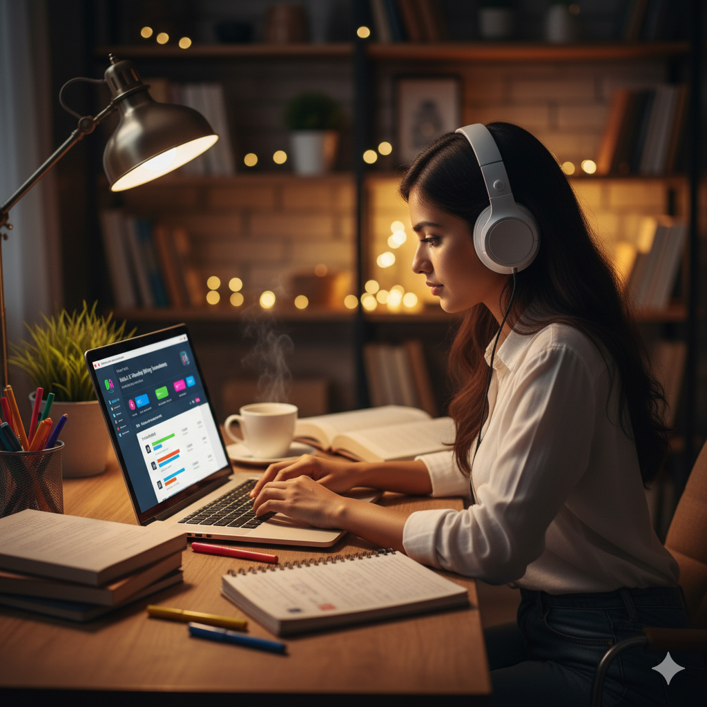 Young Indian student studying with laptop and headphones, focused on online digital courses for freelancing and career growth.