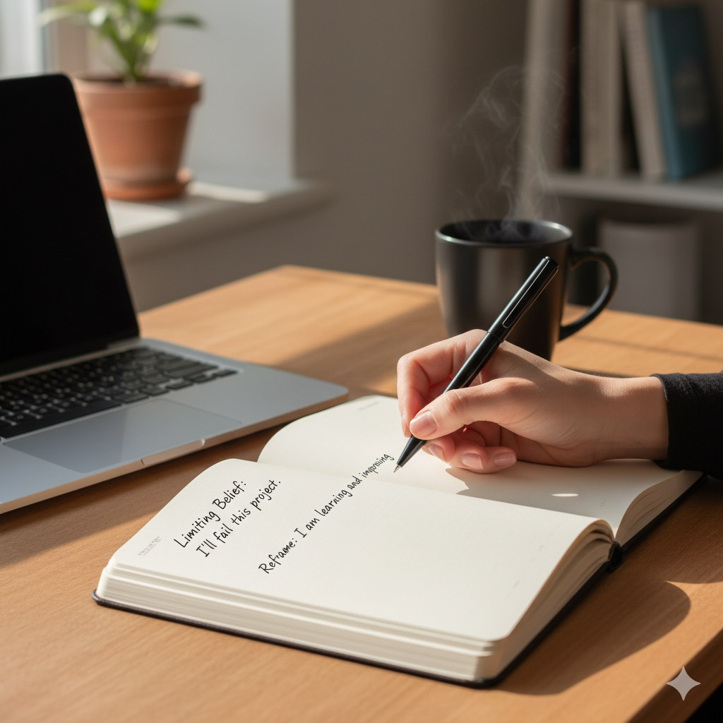 Journal exercise showing how women can reframe limiting beliefs into empowering thoughts.