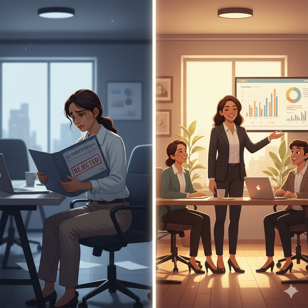 Split-screen showing two women in office—one worried after failed feedback, the other confident after improving skills.