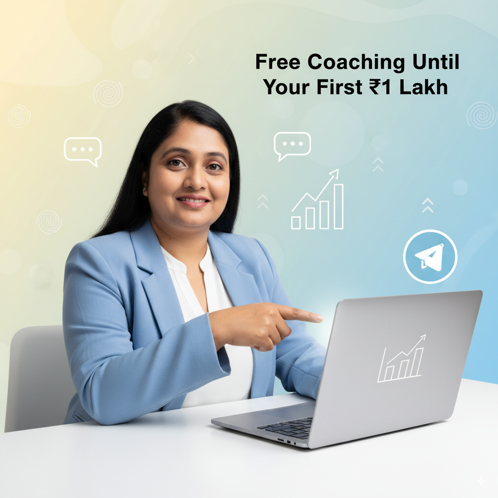 Indian professional woman sitting at a desk with laptop, smiling and pointing at the screen, representing personal guidance and mentorship. Digital icons for Telegram, freelancing, and income growth highlight free coaching until earning the first ₹1 Lakh online.