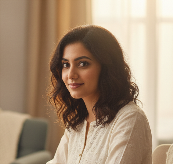 Young Indian woman in her late 20s, sitting at a desk with a laptop, calculator, and financial charts, looking focused and calm, representing financial planning and independence.