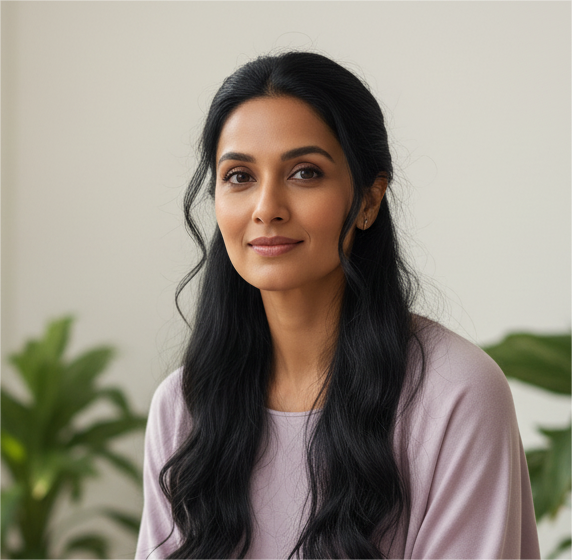 Indian woman in her mid-30s, sitting cross-legged on a yoga mat with sunlight streaming through a window, smiling peacefully with a journal and cup of tea beside her, symbolizing wellness and balance.