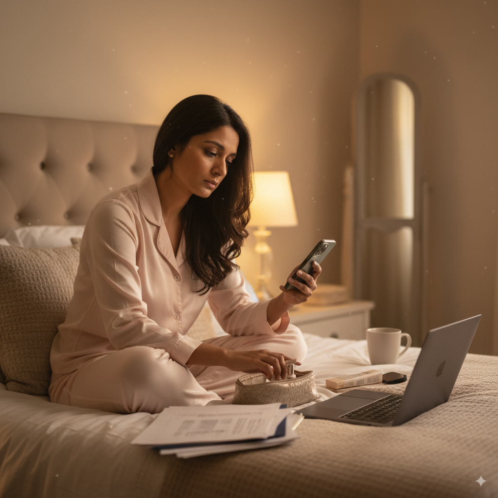 Tired woman in her 30s debating whether to skip skincare routine after a busy day.