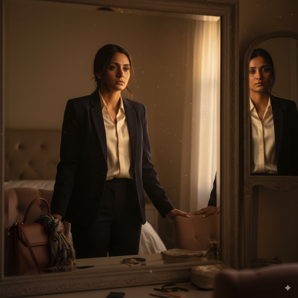 Woman in her 30s noticing faint smile lines and dull skin in the mirror after a long day.