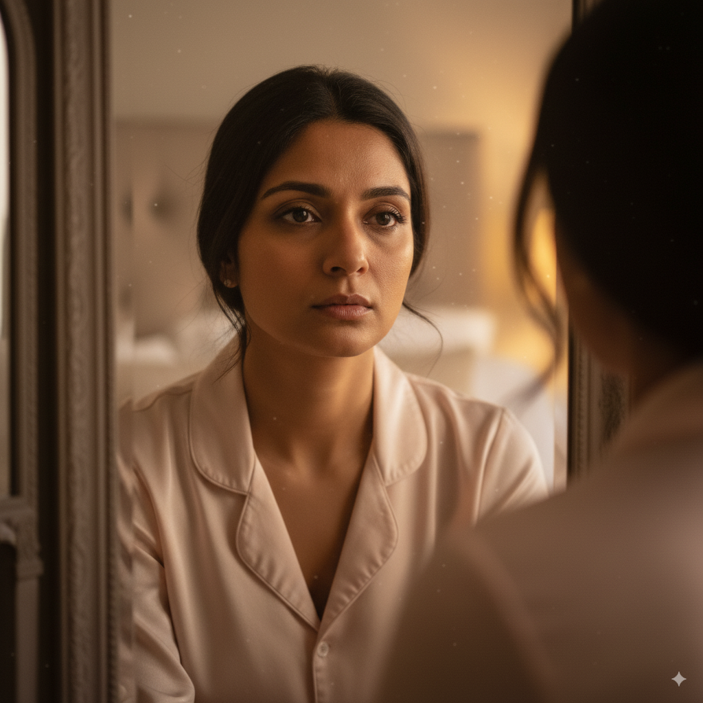 Close-up reflection of a woman realizing her skin shows signs of stress and fatigue.