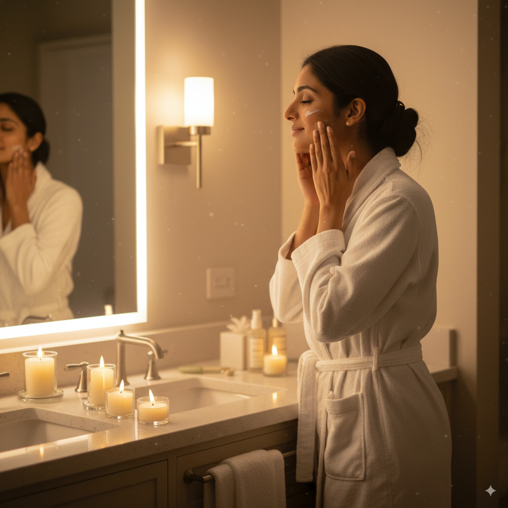 Woman pampering herself with skincare at night, feeling calm and confident.