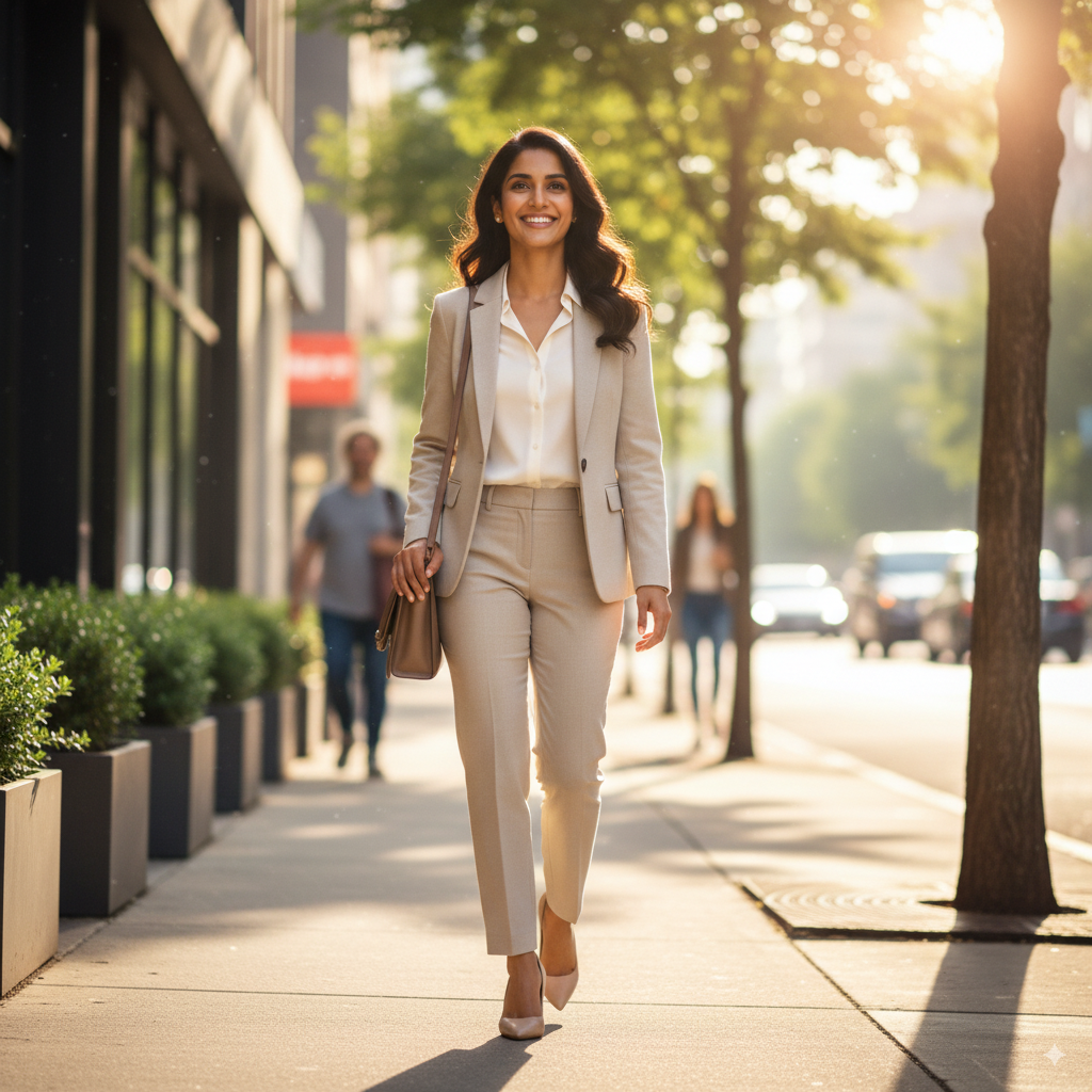 Confident woman with glowing skin stepping out for work, showing how skincare boosts inner confidence.