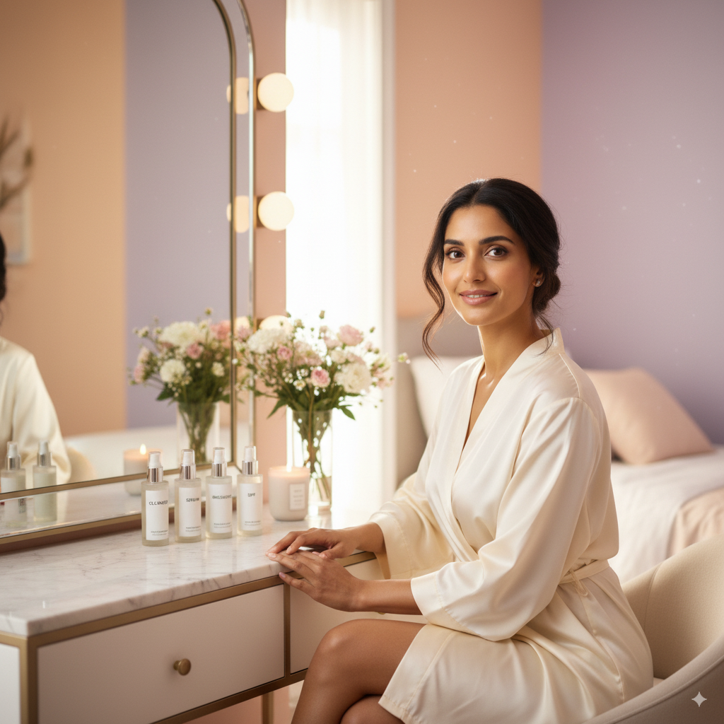 Confident woman in her 30s with glowing skin, surrounded by skincare essentials, symbolizing self-care and empowerment.