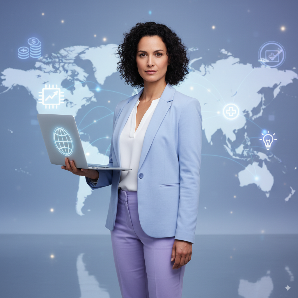 Global career opportunities for women in their mid-30s with laptop and world map background, symbolizing confidence and growth.