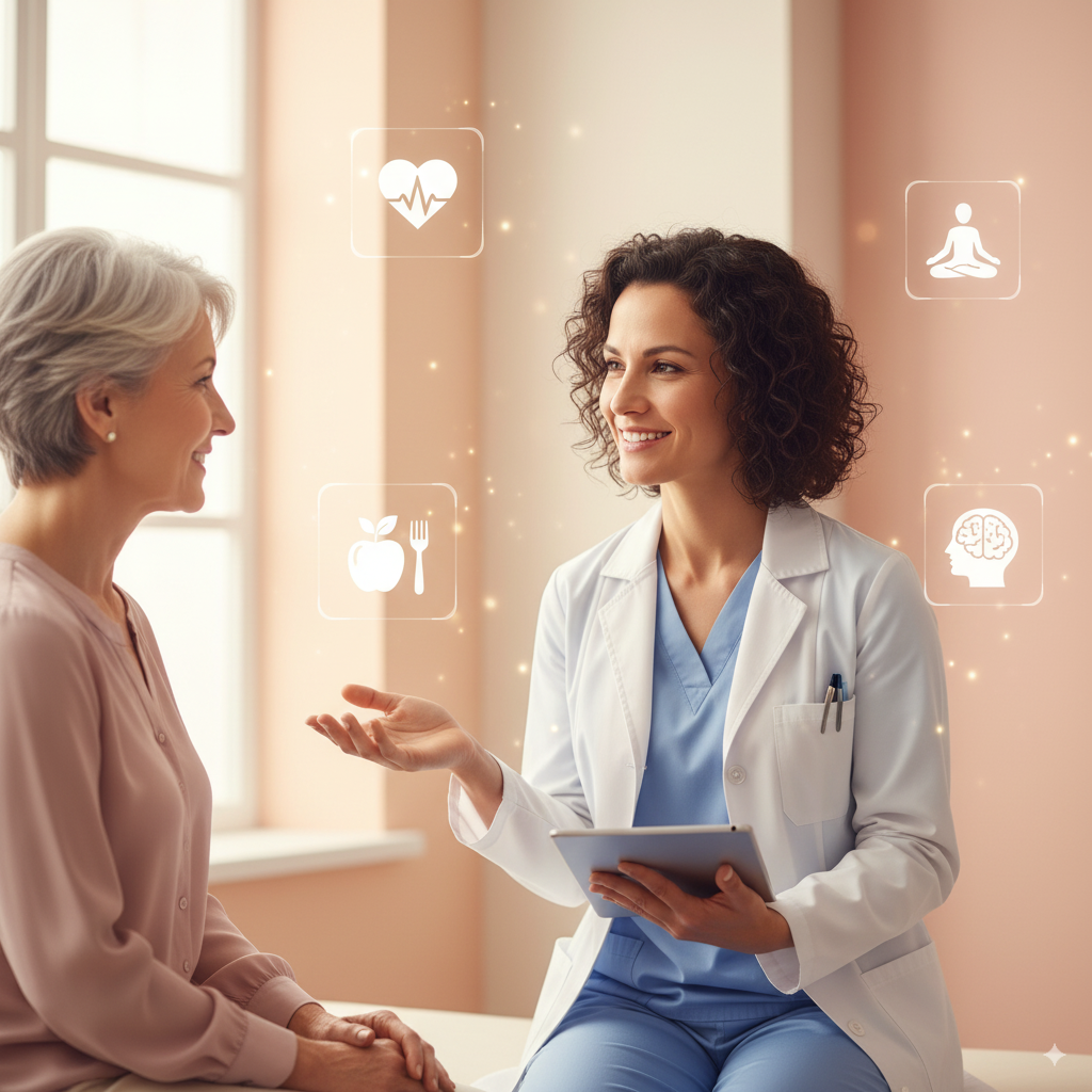 Mid-30s woman doctor or therapist consulting patient with healthcare and wellness icons in background.