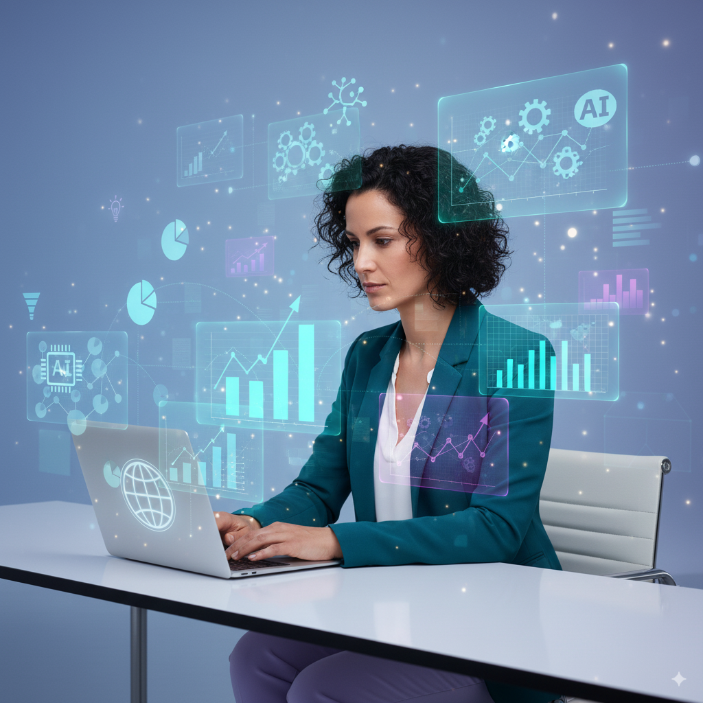 Woman in her mid-30s working on laptop with digital data charts and AI icons, representing global tech career growth.