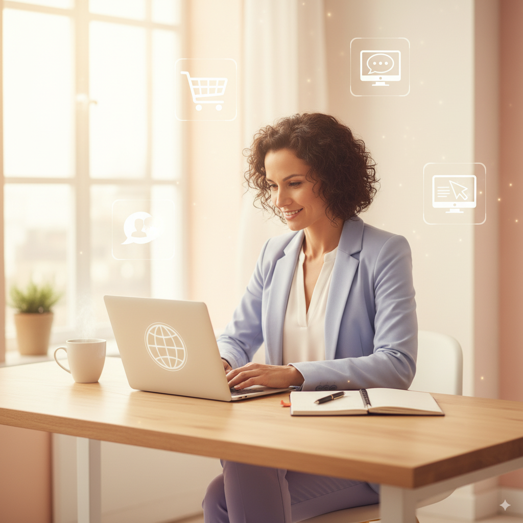 Female entrepreneur in her mid-30s working on laptop with icons of e-commerce, consulting, and freelancing around her.