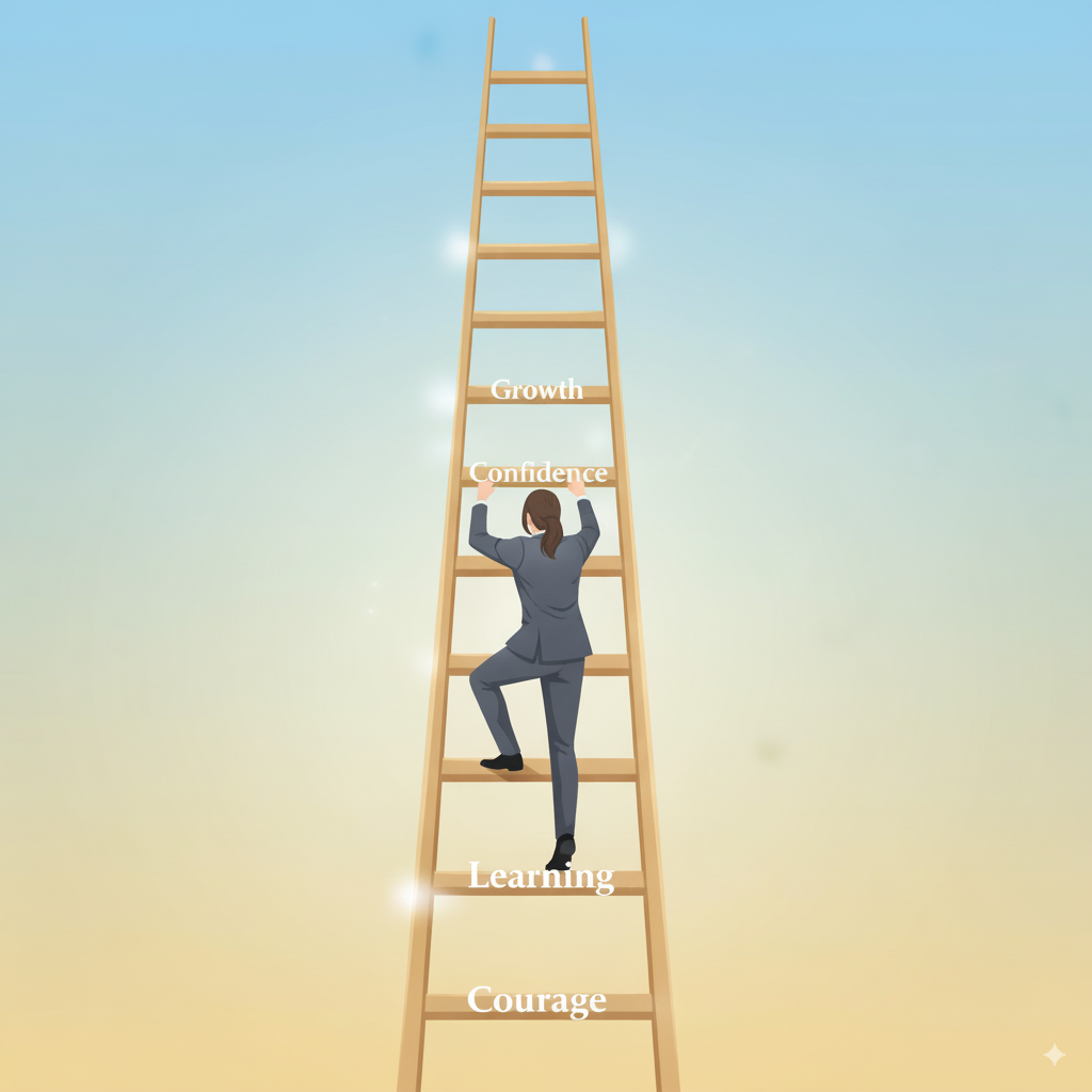 Symbolic career ladder with courage, learning, confidence, and growth steps.