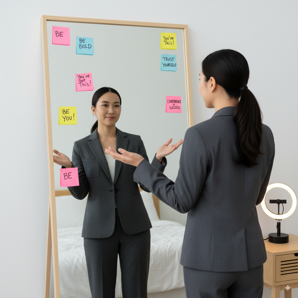 Professional practicing confidence in front of a mirror before workplace presentation.