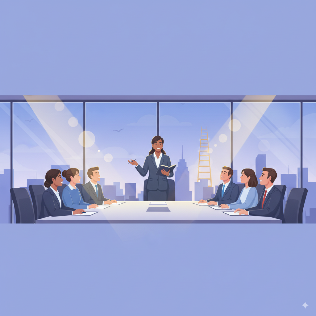 Professional woman leading a workplace meeting with confidence, symbolizing growth and overcoming fear.