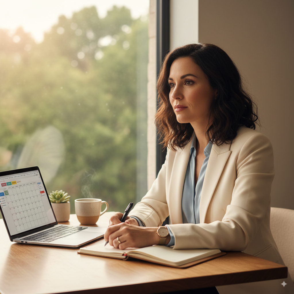 Woman working at a tidy desk with laptop and notebook, symbolizing purposeful time management.