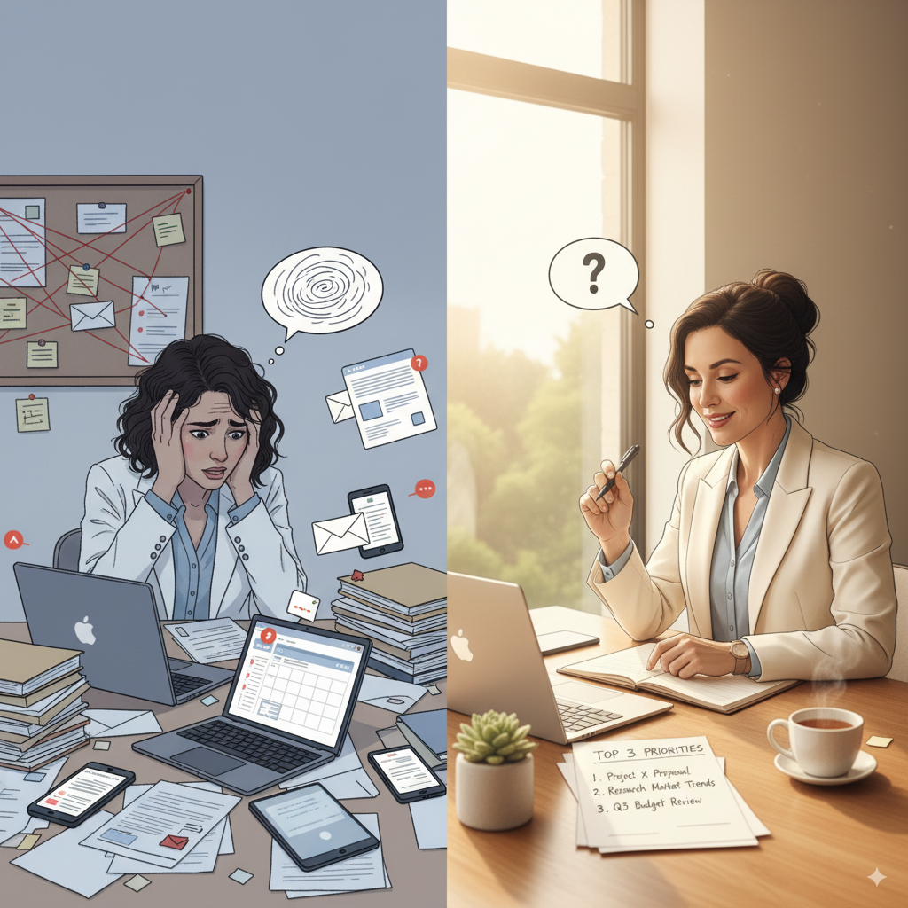 Split image showing a stressed person surrounded by clutter versus the same person calmly working on three priorities.