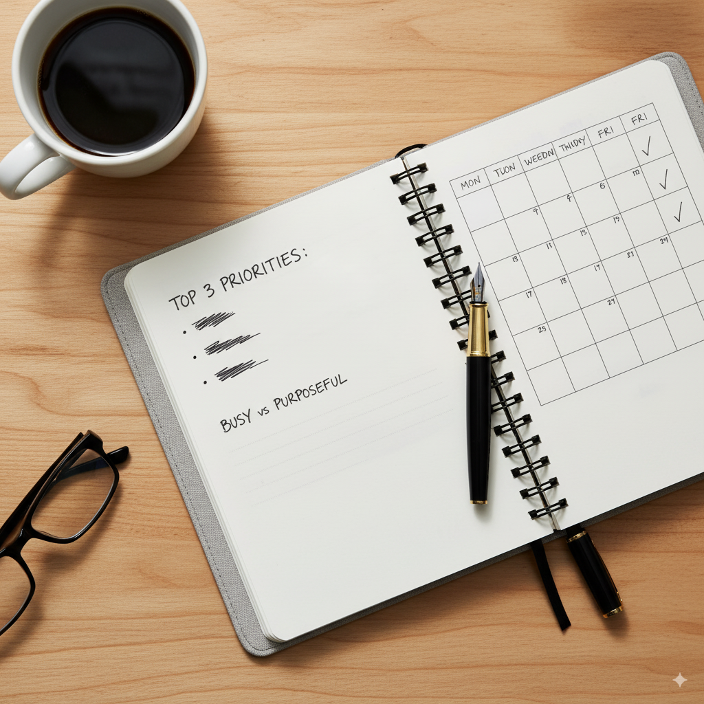 Open journal on a desk with notes like top priorities and weekly calendar, surrounded by coffee and stationery.