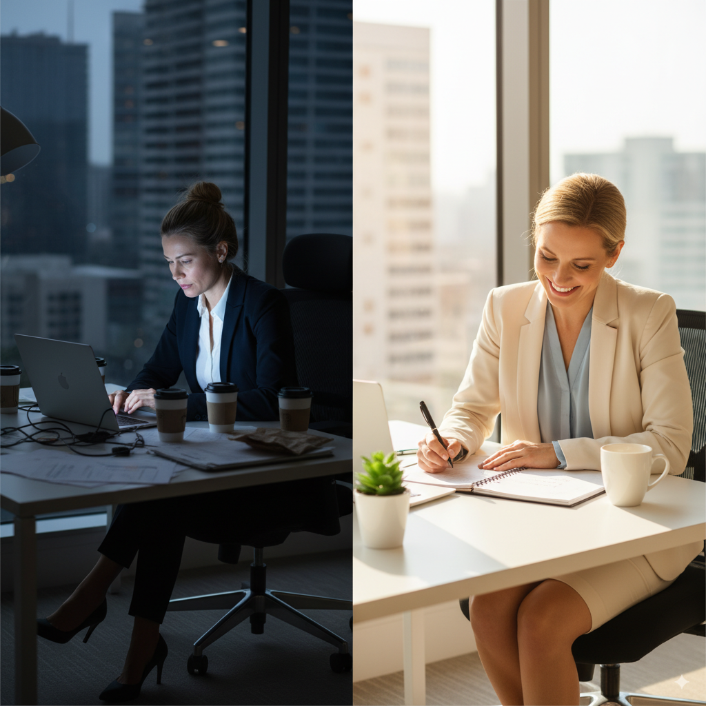 Tired professional working late at night versus the same woman smiling and writing her top three priorities during the day.