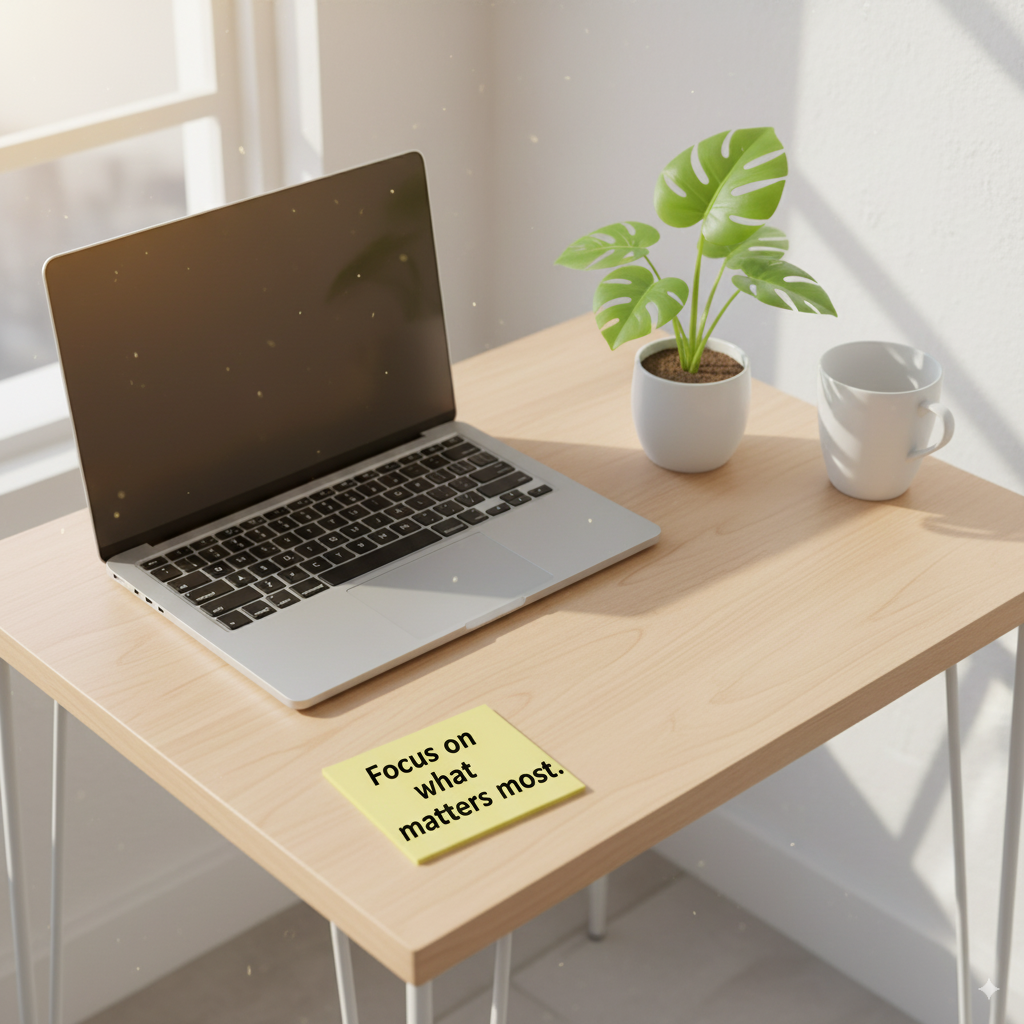 Clean desk with laptop, plant, and sunlight, featuring a motivational sticky note about focusing on what matters.