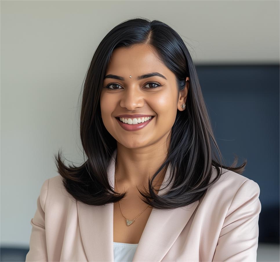 Confident Indian woman in her early 30s, wearing a pastel blazer, smiling in an office meeting room with a laptop and presentation screen, symbolizing leadership and self-confidence.